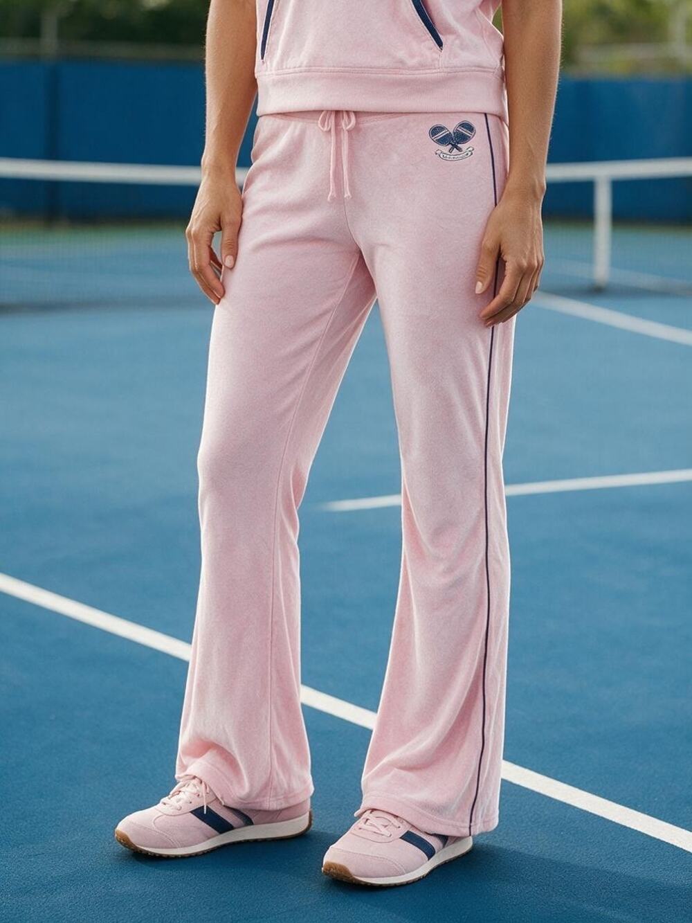Juicy Couture Cotton Velour Pink Pant Pickleball Flare NWT Size Large Navy Trim